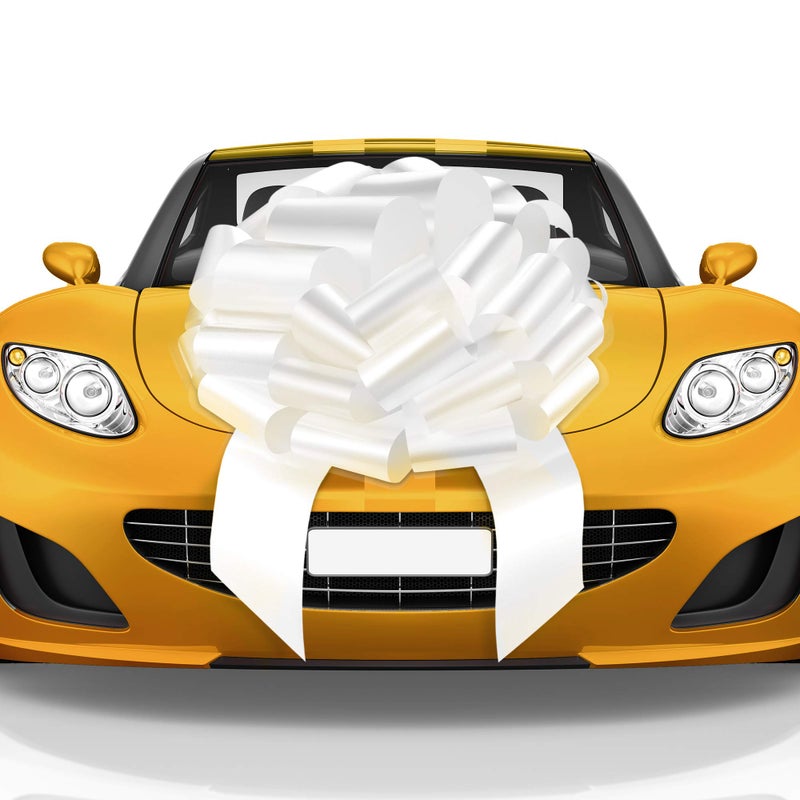 Mata1-USA - Huge Car Bow - White, 23 Inch - Big Gift Wrapping Bow for Large Gift Decoration - Giant Size for Indoor & Outdoor Use - 26 Loops & 4 Stickers - Image 1